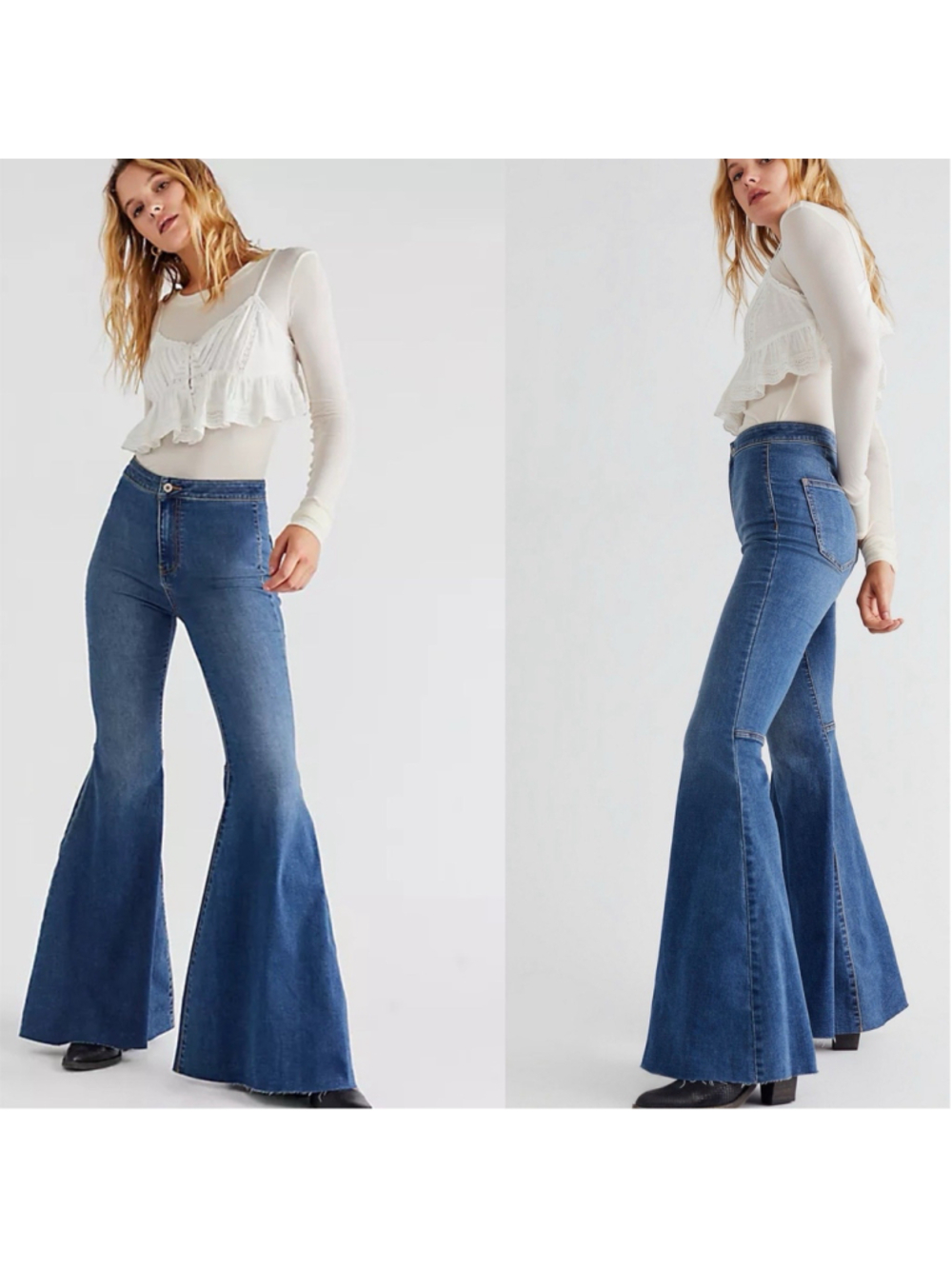 Free People High Rise Flare Bell Bottom Raw Hem Jeans Just Float On 27